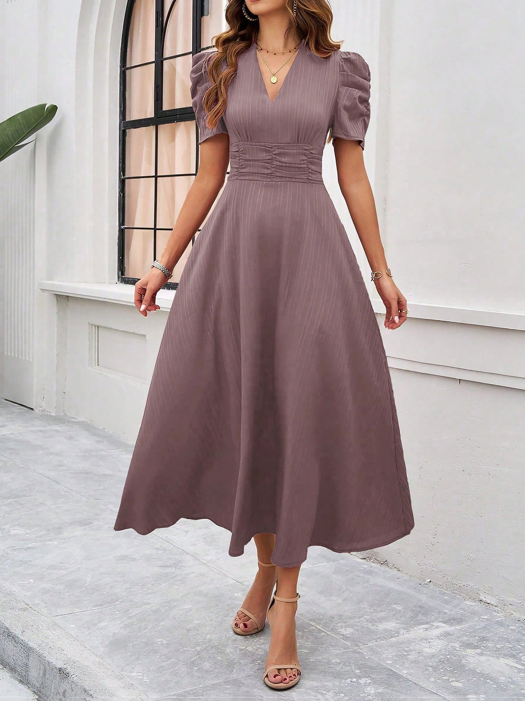 Strukturierte Puff Kurzarm Raffungen Midikleid A Linie Tailliert Casual Chic