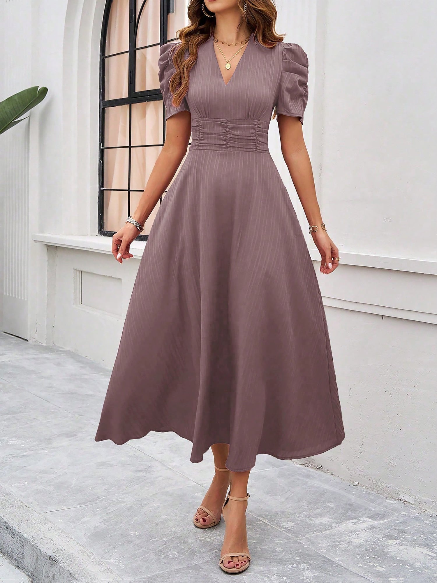 Strukturierte Puff Kurzarm Raffungen Midikleid A Linie Tailliert Casual Chic