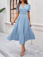 Strukturierte Puff Kurzarm Raffungen Midikleid A Linie Tailliert Casual Chic