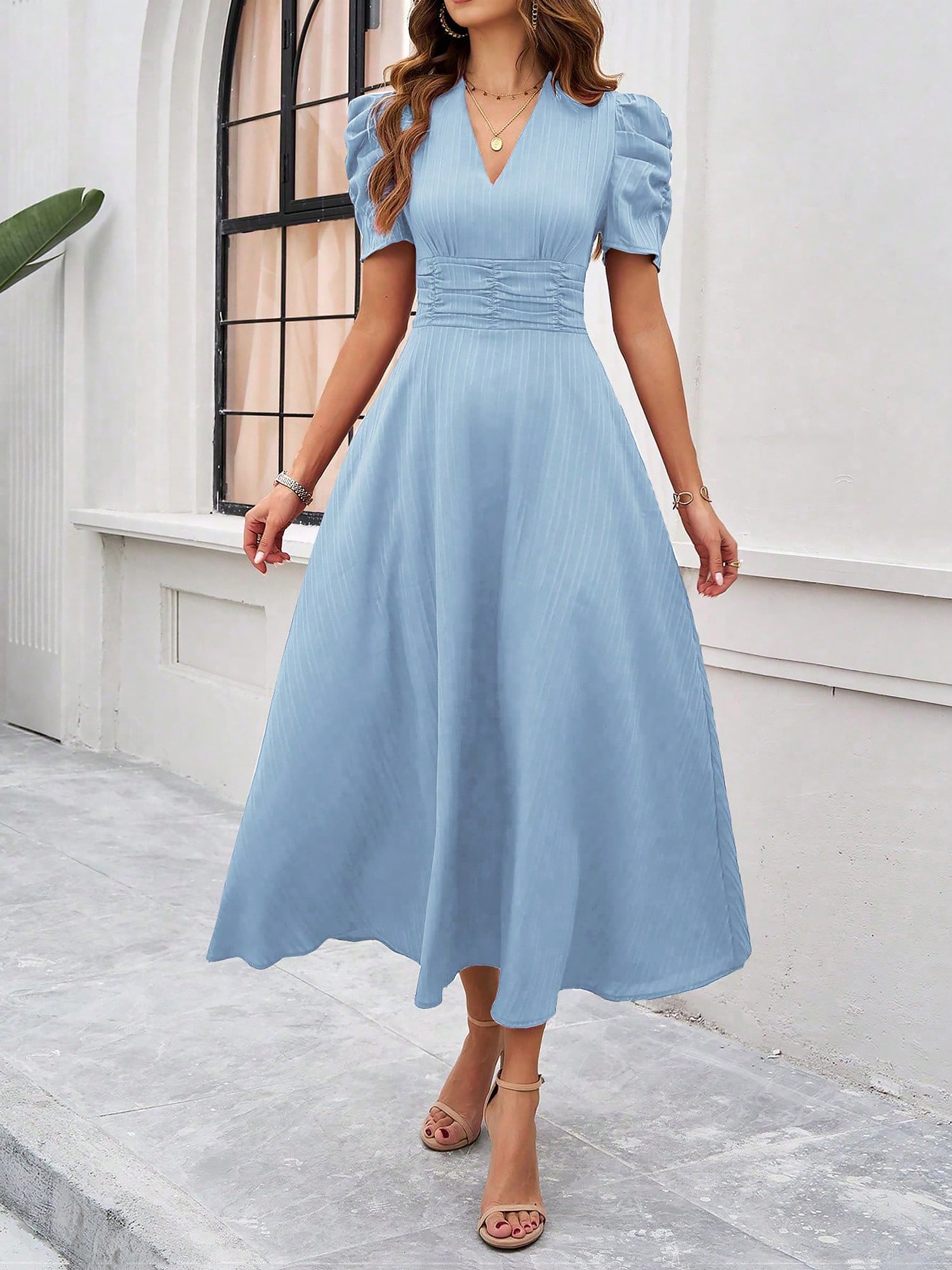 Strukturierte Puff Kurzarm Raffungen Midikleid A Linie Tailliert Casual Chic