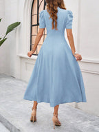 Strukturierte Puff Kurzarm Raffungen Midikleid A Linie Tailliert Casual Chic