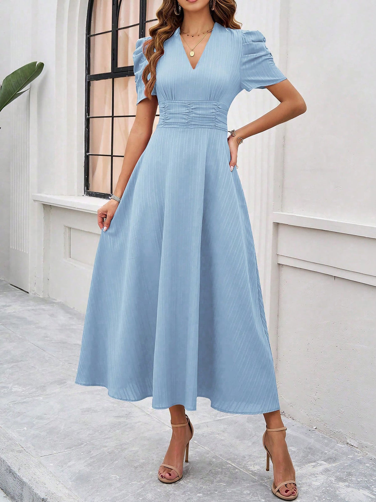 Strukturierte Puff Kurzarm Raffungen Midikleid A Linie Tailliert Casual Chic