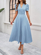 Strukturierte Puff Kurzarm Raffungen Midikleid A Linie Tailliert Casual Chic