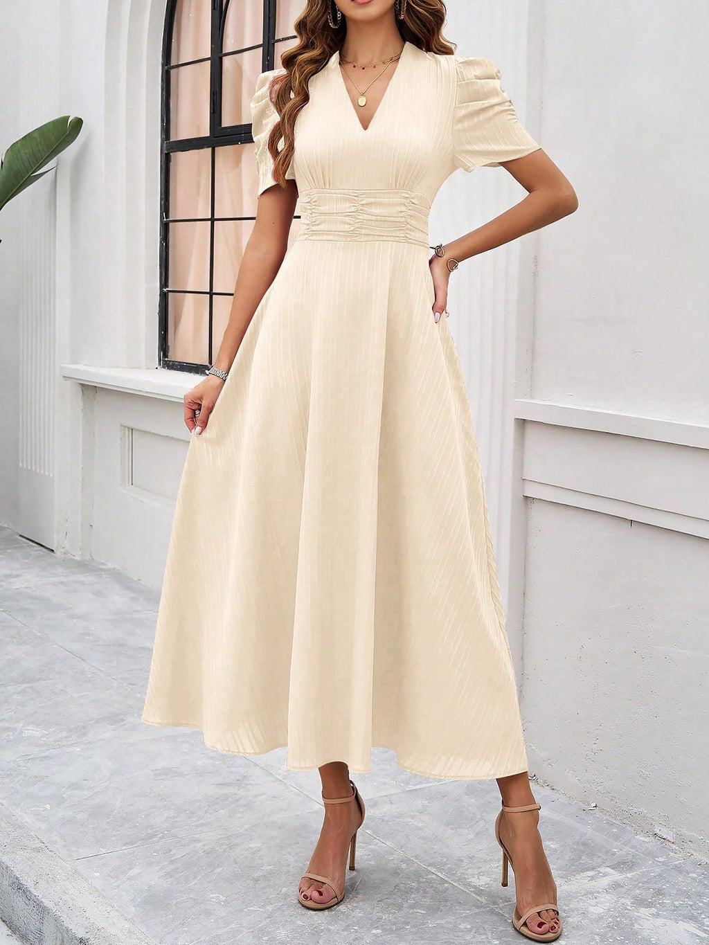 Strukturierte Puff Kurzarm Raffungen Midikleid A Linie Tailliert Casual Chic