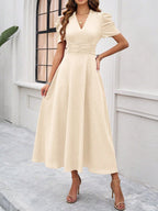 Strukturierte Puff Kurzarm Raffungen Midikleid A Linie Tailliert Casual Chic