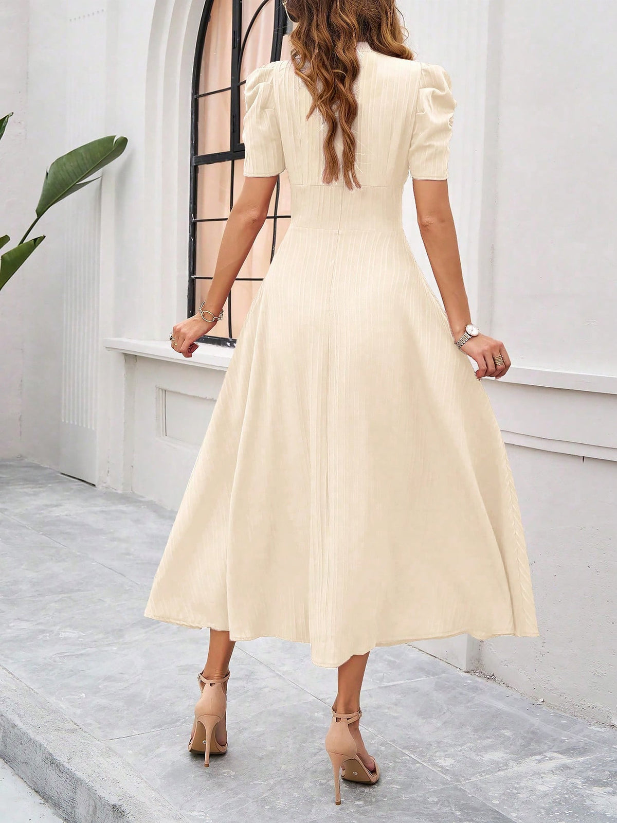 Strukturierte Puff Kurzarm Raffungen Midikleid A Linie Tailliert Casual Chic