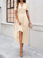 Strukturierte Puff Kurzarm Raffungen Midikleid A Linie Tailliert Casual Chic