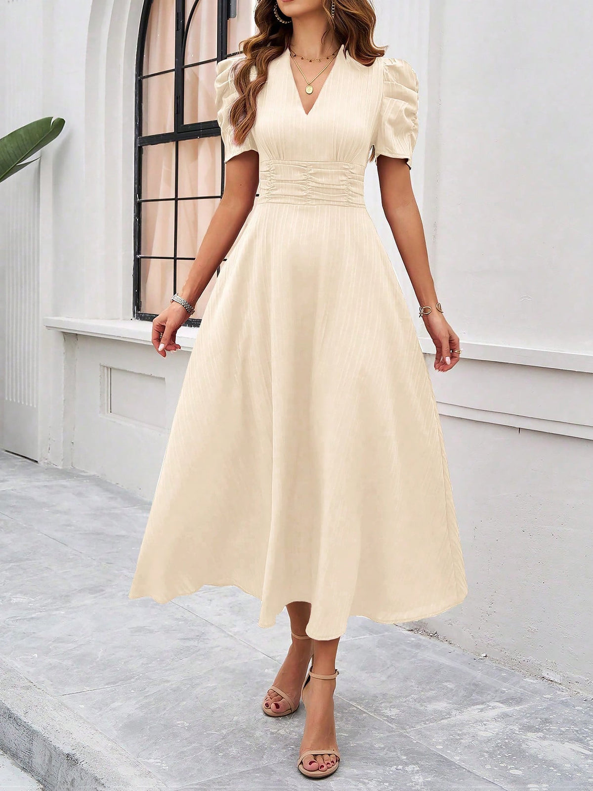 Strukturierte Puff Kurzarm Raffungen Midikleid A Linie Tailliert Casual Chic