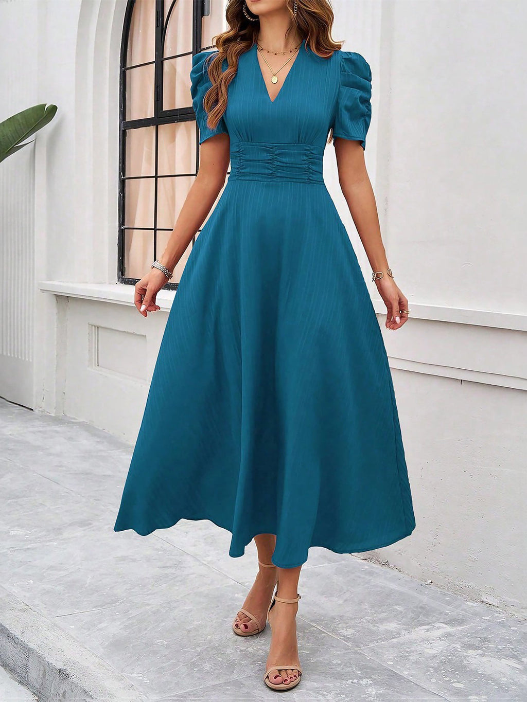 Strukturierte Puff Kurzarm Raffungen Midikleid A Linie Tailliert Casual Chic