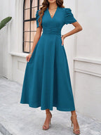 Strukturierte Puff Kurzarm Raffungen Midikleid A Linie Tailliert Casual Chic