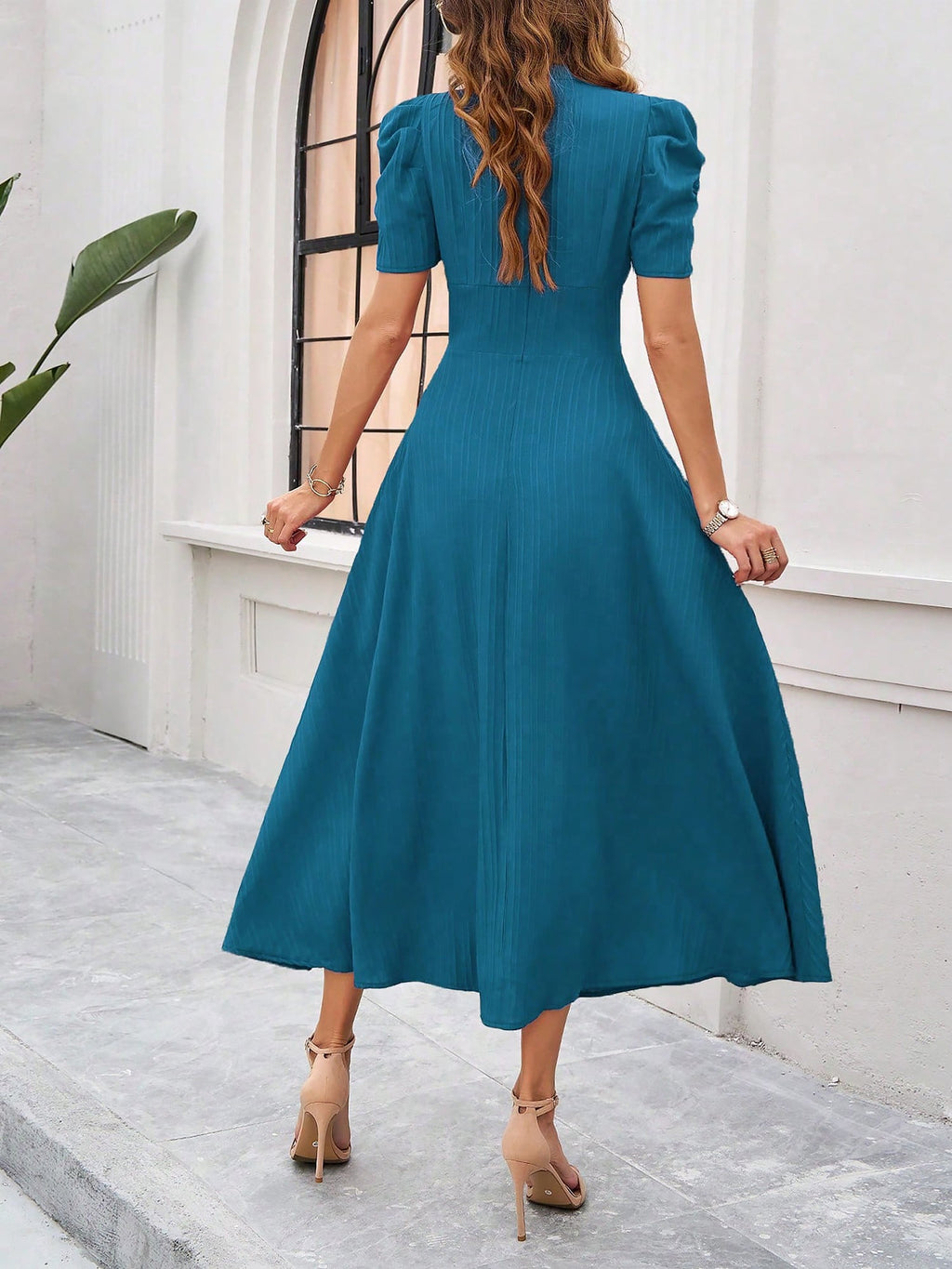Strukturierte Puff Kurzarm Raffungen Midikleid A Linie Tailliert Casual Chic