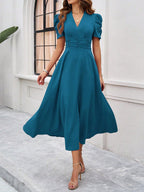 Strukturierte Puff Kurzarm Raffungen Midikleid A Linie Tailliert Casual Chic