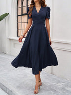 Strukturierte Puff Kurzarm Raffungen Midikleid A Linie Tailliert Casual Chic
