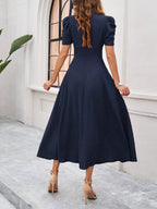 Strukturierte Puff Kurzarm Raffungen Midikleid A Linie Tailliert Casual Chic