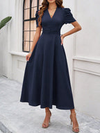 Strukturierte Puff Kurzarm Raffungen Midikleid A Linie Tailliert Casual Chic