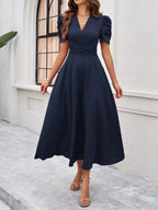 Strukturierte Puff Kurzarm Raffungen Midikleid A Linie Tailliert Casual Chic