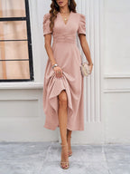 Strukturierte Puff Kurzarm Raffungen Midikleid A Linie Tailliert Casual Chic