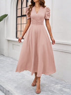 Strukturierte Puff Kurzarm Raffungen Midikleid A Linie Tailliert Casual Chic