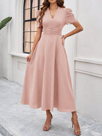 Strukturierte Puff Kurzarm Raffungen Midikleid A Linie Tailliert Casual Chic
