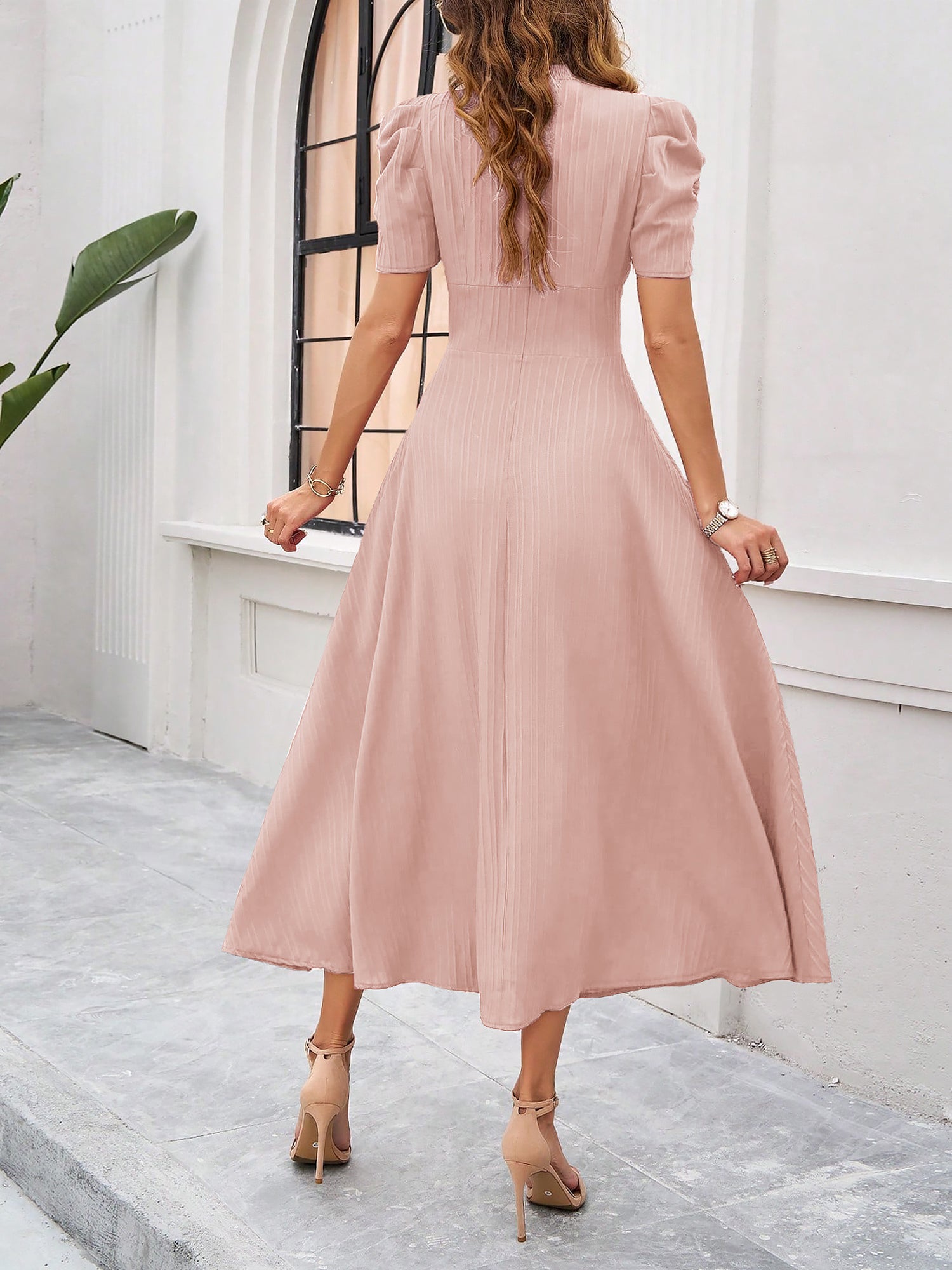 Strukturierte Puff Kurzarm Raffungen Midikleid A Linie Tailliert Casual Chic