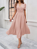 Strukturierte Puff Kurzarm Raffungen Midikleid A Linie Tailliert Casual Chic