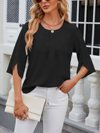 Leichte Fließende Unifarbene Rundhals Dreiviertelarm Chiffon Bluse