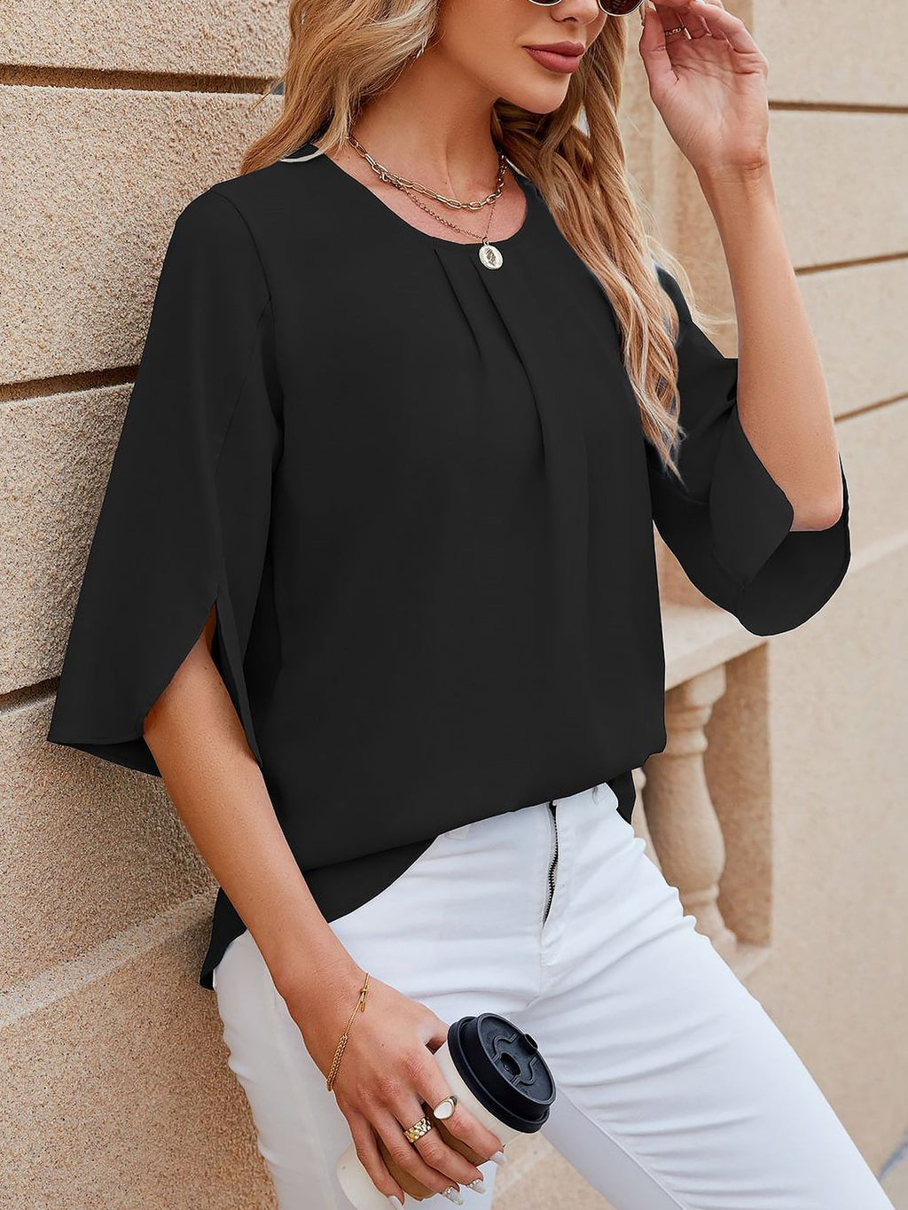 Leichte Fließende Unifarbene Rundhals Dreiviertelarm Chiffon Bluse