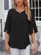 Leichte Fließende Unifarbene Rundhals Dreiviertelarm Chiffon Bluse