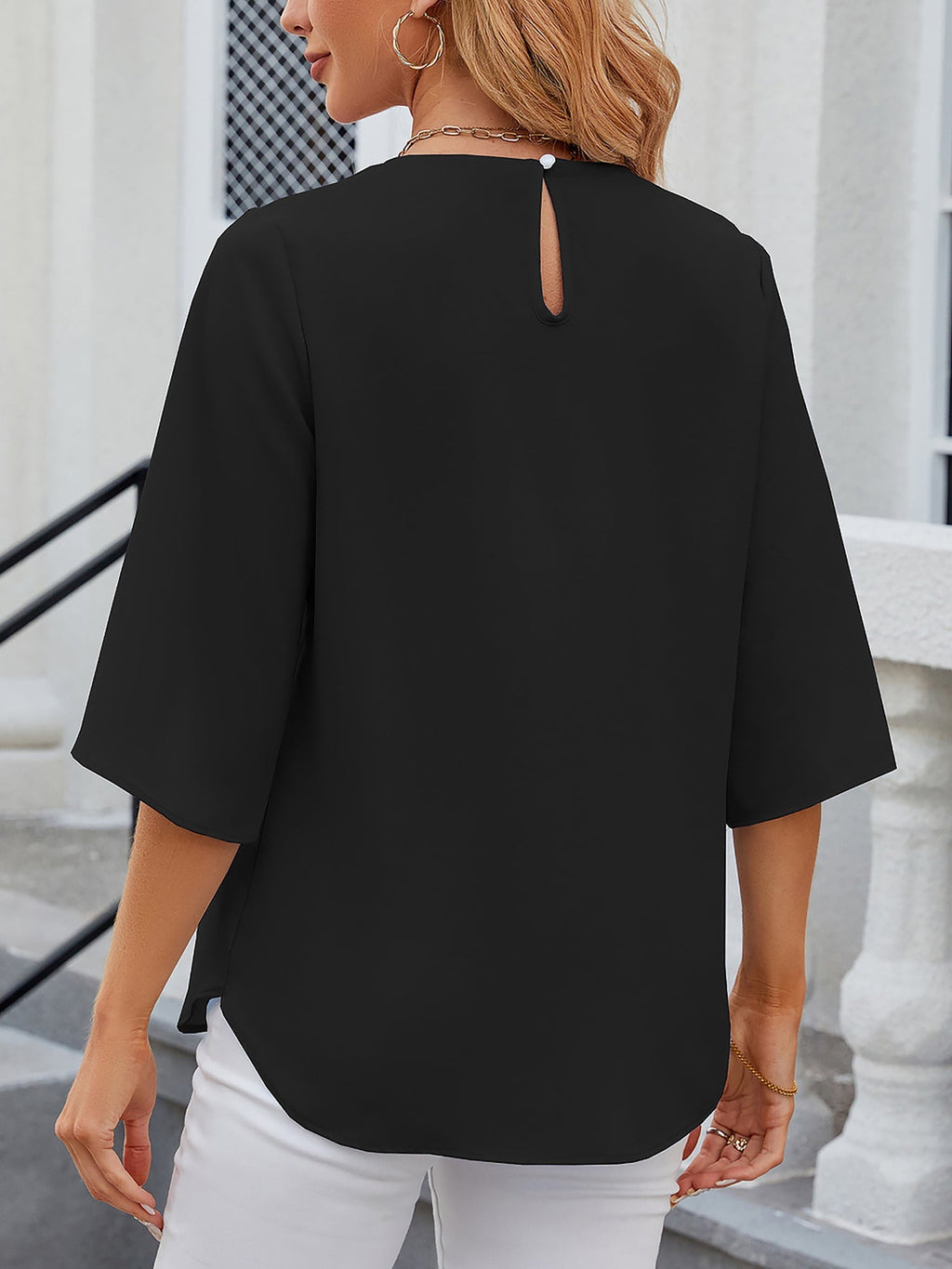 Leichte Fließende Unifarbene Rundhals Dreiviertelarm Chiffon Bluse