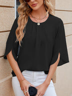 Leichte Fließende Unifarbene Rundhals Dreiviertelarm Chiffon Bluse