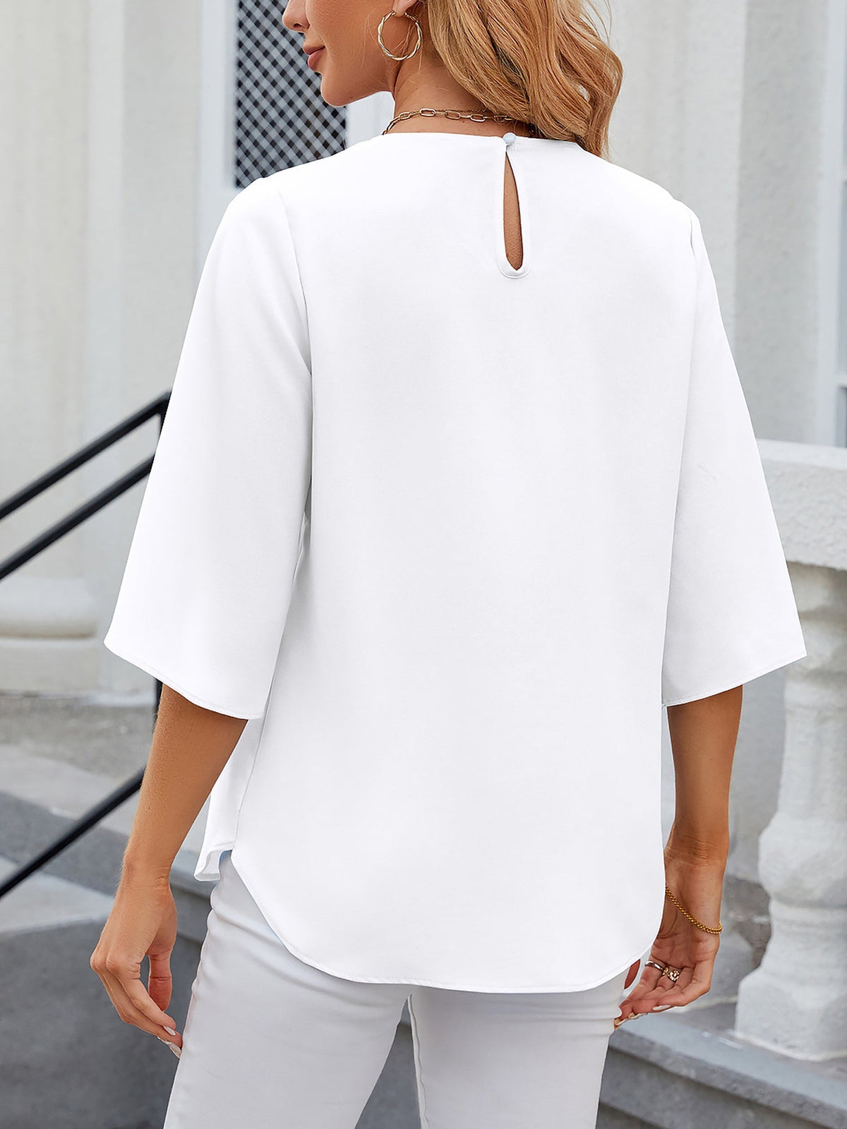 Leichte Fließende Unifarbene Rundhals Dreiviertelarm Chiffon Bluse