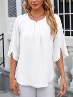 Leichte Fließende Unifarbene Rundhals Dreiviertelarm Chiffon Bluse