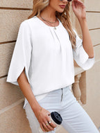 Leichte Fließende Unifarbene Rundhals Dreiviertelarm Chiffon Bluse