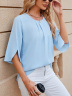 Leichte Fließende Unifarbene Rundhals Dreiviertelarm Chiffon Bluse