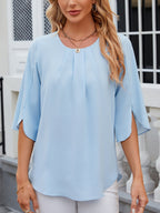 Leichte Fließende Unifarbene Rundhals Dreiviertelarm Chiffon Bluse