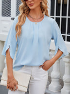 Leichte Fließende Unifarbene Rundhals Dreiviertelarm Chiffon Bluse