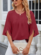 Leichte Fließende Unifarbene Rundhals Dreiviertelarm Chiffon Bluse