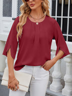 Leichte Fließende Unifarbene Rundhals Dreiviertelarm Chiffon Bluse