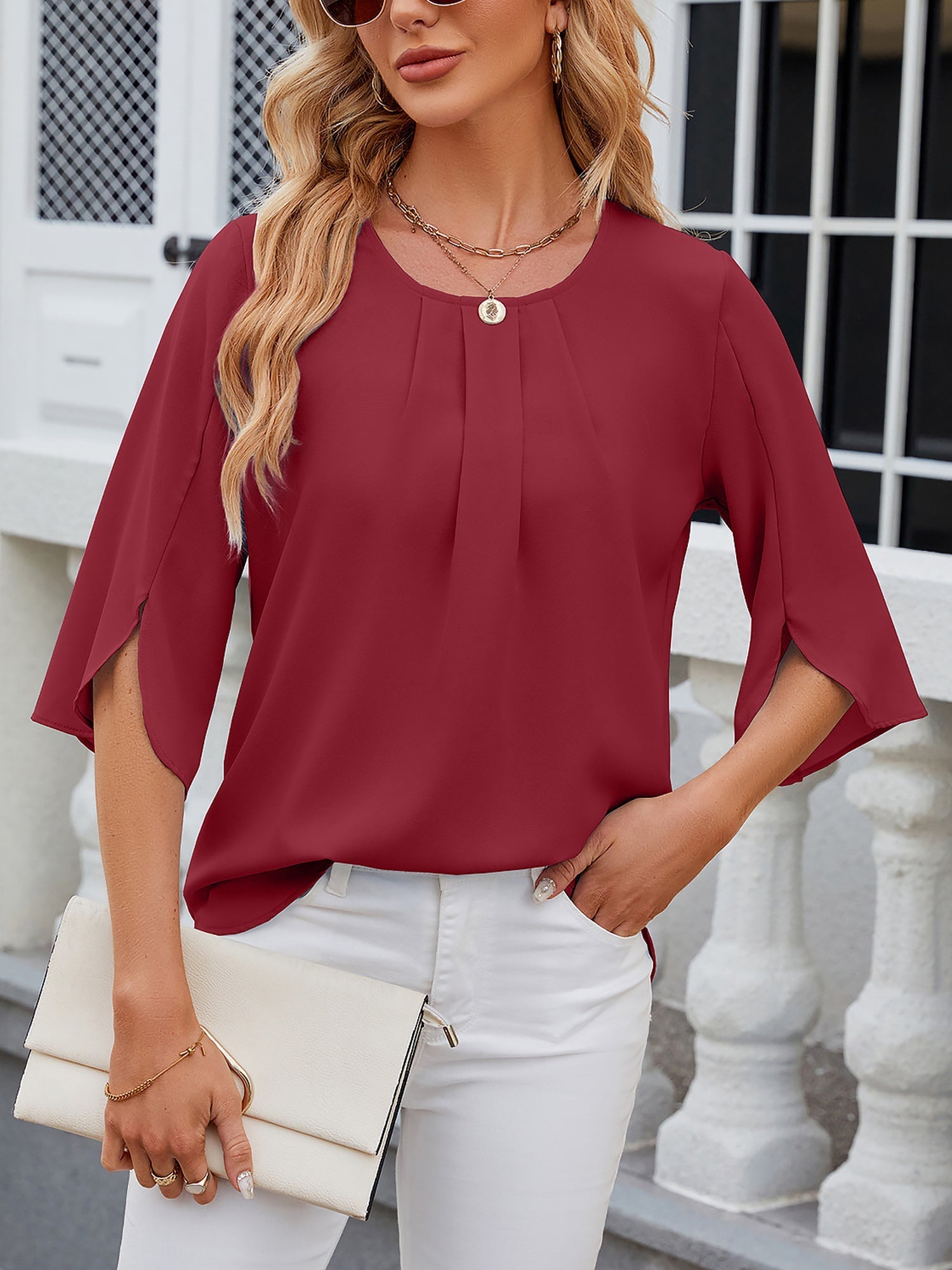 Leichte Fließende Unifarbene Rundhals Dreiviertelarm Chiffon Bluse