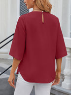 Leichte Fließende Unifarbene Rundhals Dreiviertelarm Chiffon Bluse