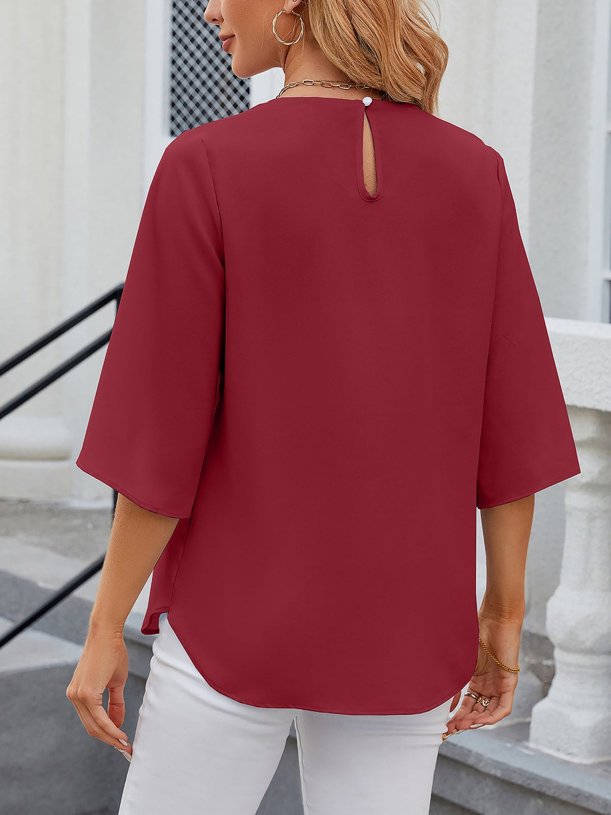 Leichte Fließende Unifarbene Rundhals Dreiviertelarm Chiffon Bluse