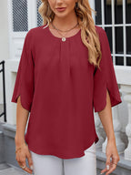Leichte Fließende Unifarbene Rundhals Dreiviertelarm Chiffon Bluse