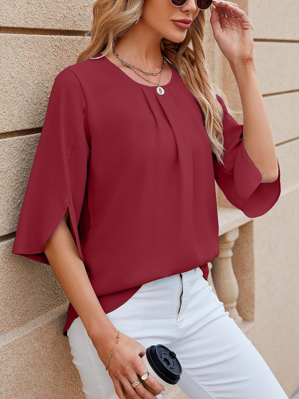 Leichte Fließende Unifarbene Rundhals Dreiviertelarm Chiffon Bluse