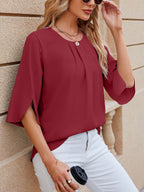Leichte Fließende Unifarbene Rundhals Dreiviertelarm Chiffon Bluse