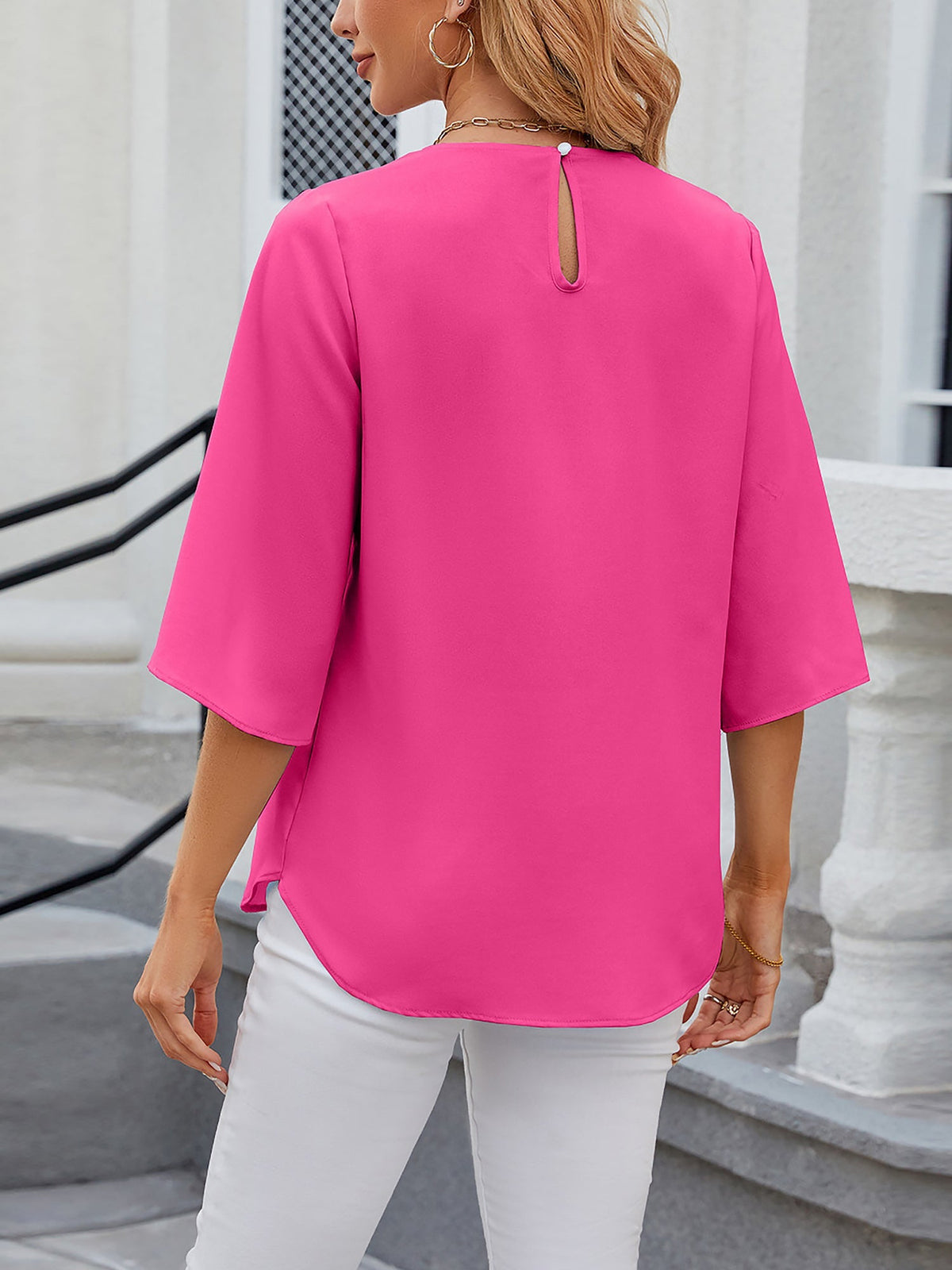 Leichte Fließende Unifarbene Rundhals Dreiviertelarm Chiffon Bluse