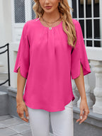 Leichte Fließende Unifarbene Rundhals Dreiviertelarm Chiffon Bluse