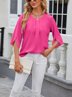 Leichte Fließende Unifarbene Rundhals Dreiviertelarm Chiffon Bluse