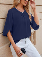 Leichte Fließende Unifarbene Rundhals Dreiviertelarm Chiffon Bluse