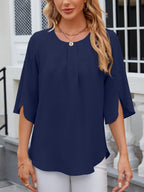 Leichte Fließende Unifarbene Rundhals Dreiviertelarm Chiffon Bluse