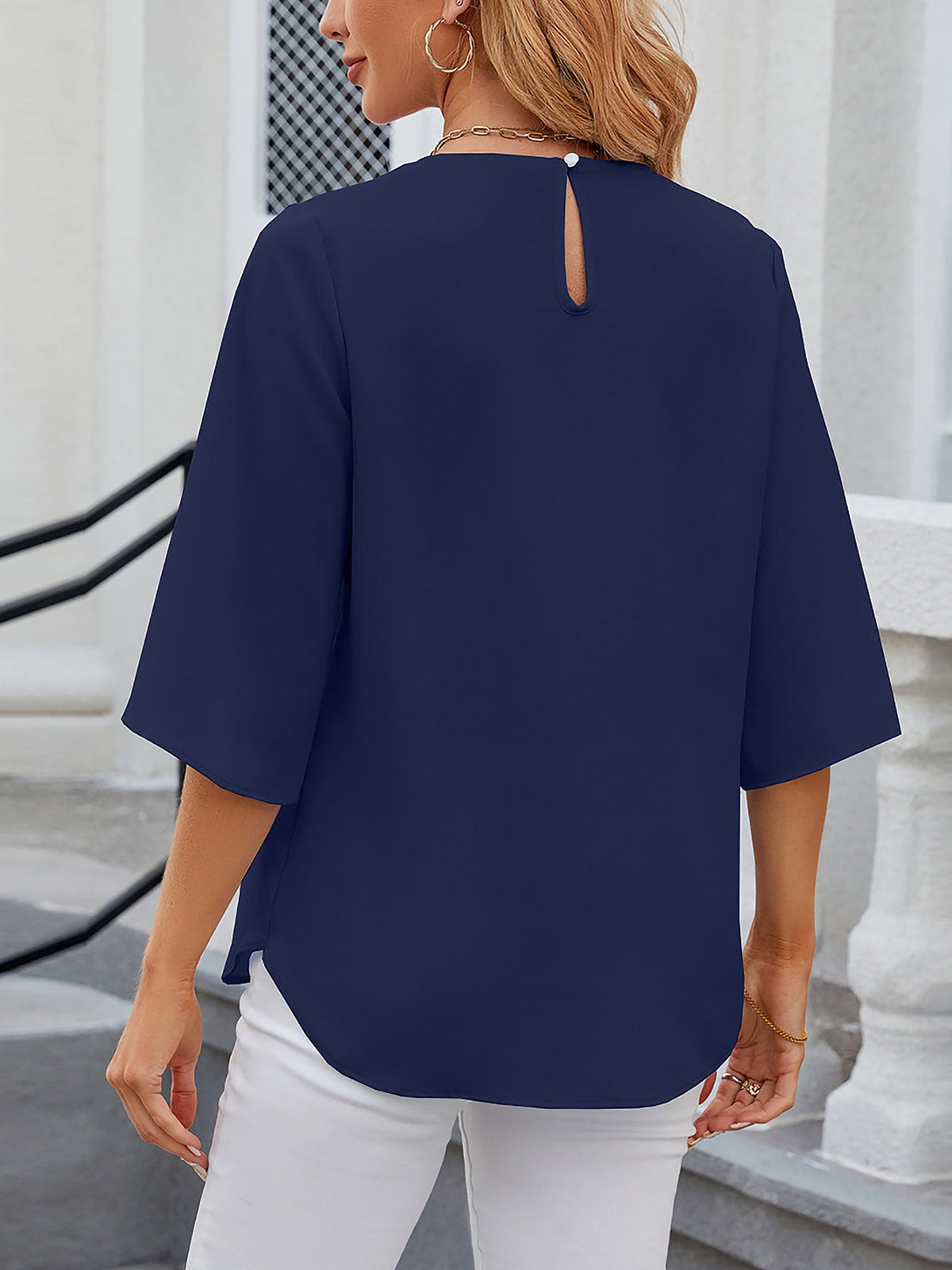 Leichte Fließende Unifarbene Rundhals Dreiviertelarm Chiffon Bluse